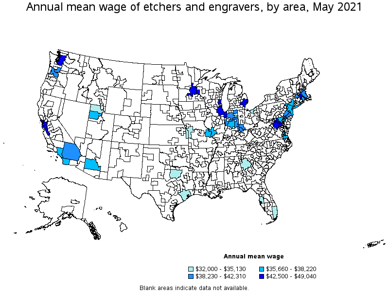 Map of annual mean wages of etchers and engravers by area, May 2021