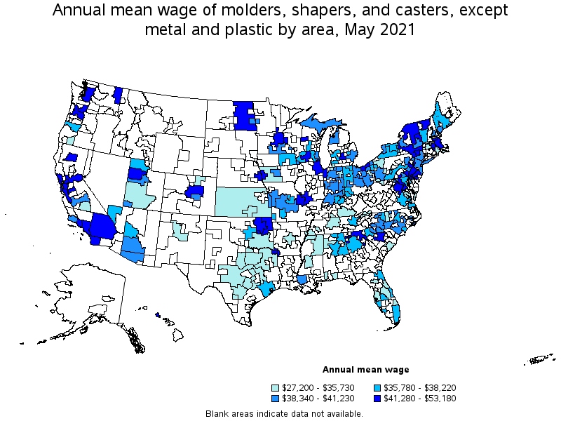 Map of annual mean wages of molders, shapers, and casters, except metal and plastic by area, May 2021