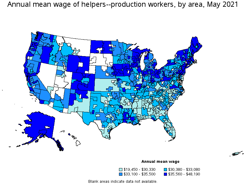 Map of annual mean wages of helpers--production workers by area, May 2021