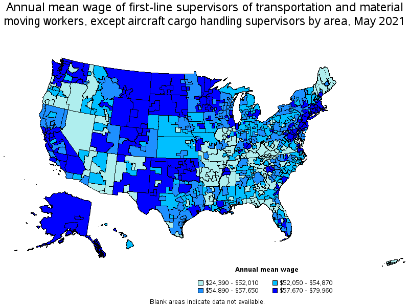 Map of annual mean wages of first-line supervisors of transportation and material moving workers, except aircraft cargo handling supervisors by area, May 2021