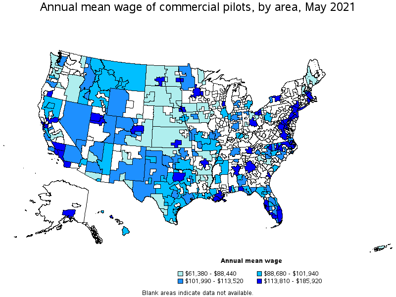 Map of annual mean wages of commercial pilots by area, May 2021