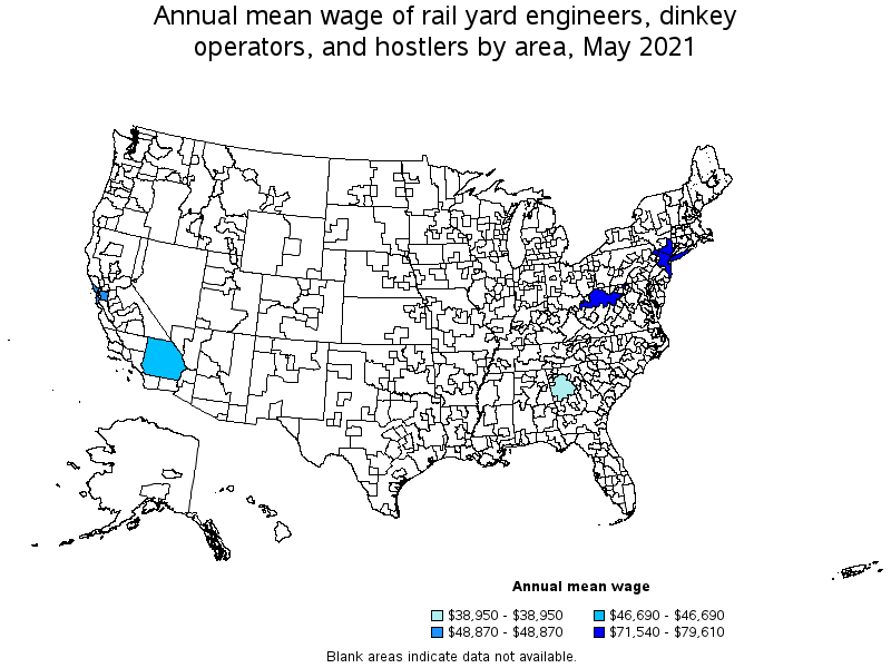 Map of annual mean wages of rail yard engineers, dinkey operators, and hostlers by area, May 2021