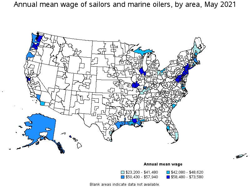 Map of annual mean wages of sailors and marine oilers by area, May 2021