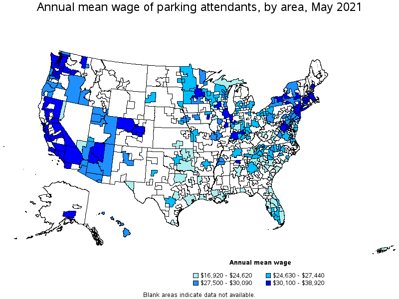 Map of annual mean wages of parking attendants by area, May 2021