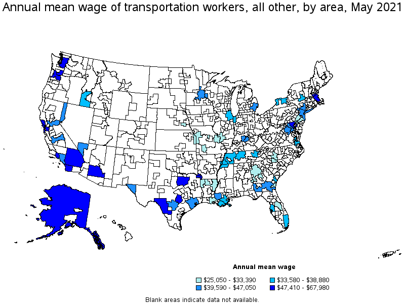 Map of annual mean wages of transportation workers, all other by area, May 2021