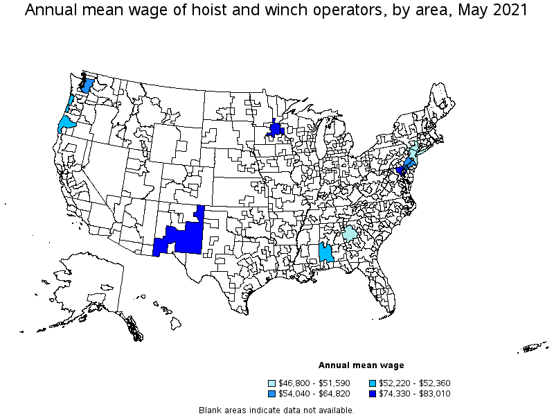 Map of annual mean wages of hoist and winch operators by area, May 2021