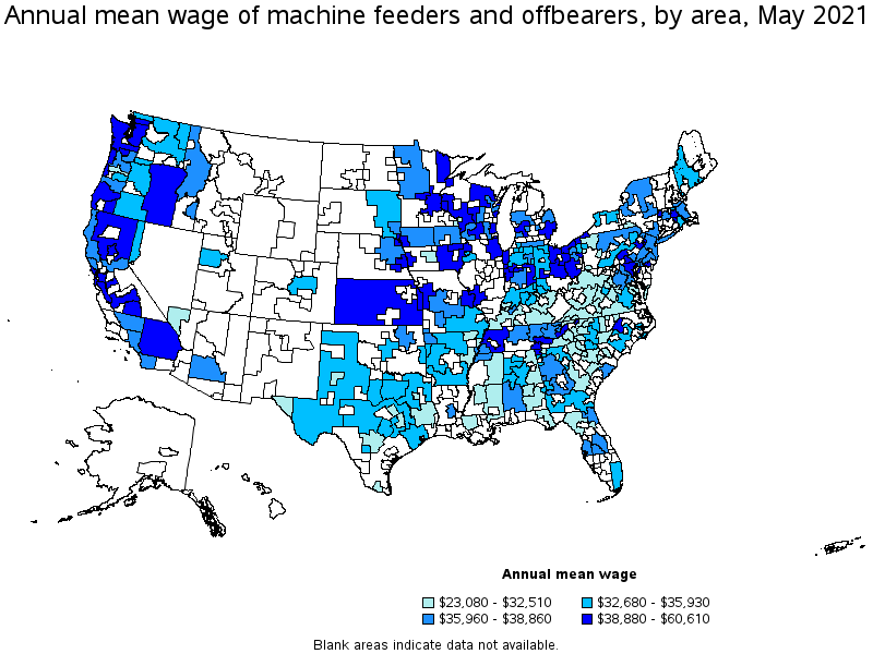 Map of annual mean wages of machine feeders and offbearers by area, May 2021