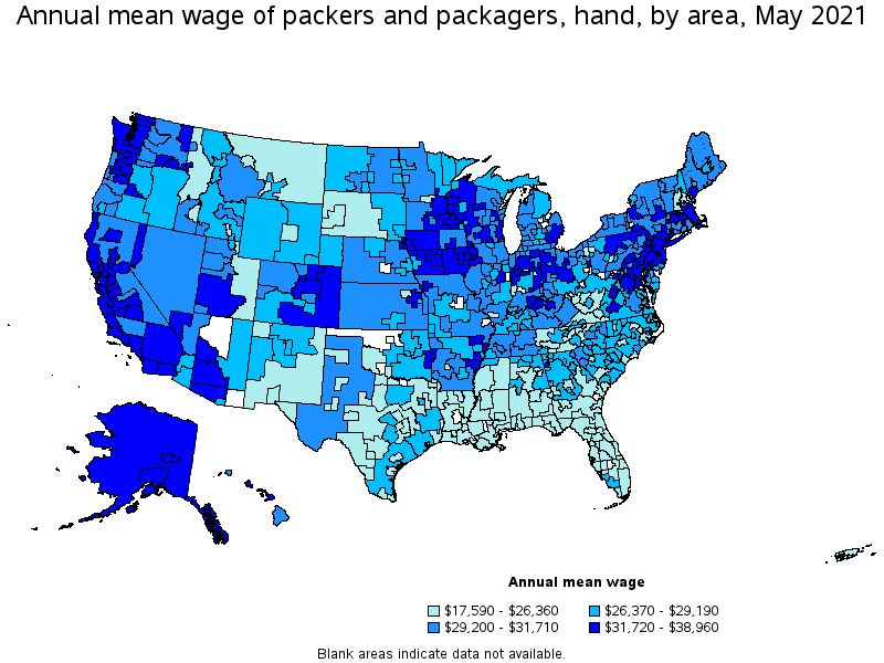 Map of annual mean wages of packers and packagers, hand by area, May 2021