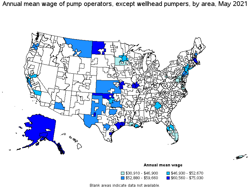 Map of annual mean wages of pump operators, except wellhead pumpers by area, May 2021