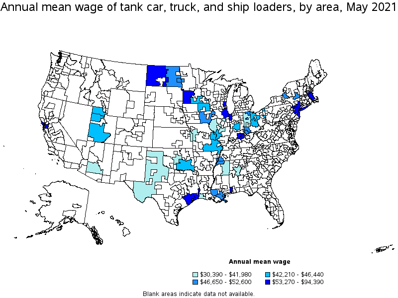 Map of annual mean wages of tank car, truck, and ship loaders by area, May 2021