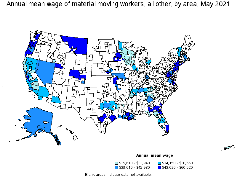 Map of annual mean wages of material moving workers, all other by area, May 2021