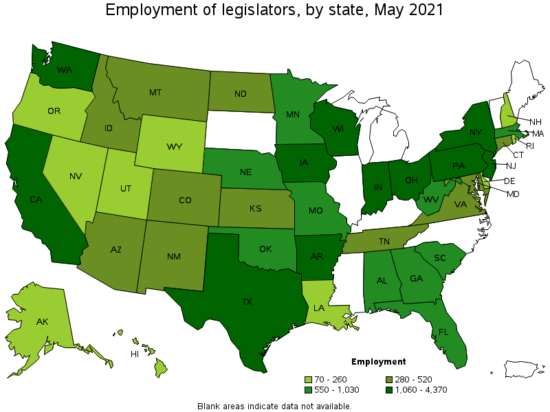 Map of employment of legislators by state, May 2021