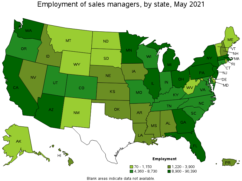 Map of employment of sales managers by state, May 2021