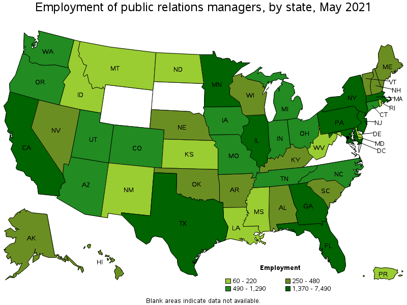 Map of employment of public relations managers by state, May 2021