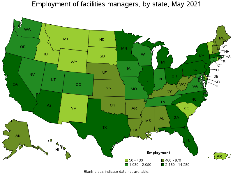 Map of employment of facilities managers by state, May 2021