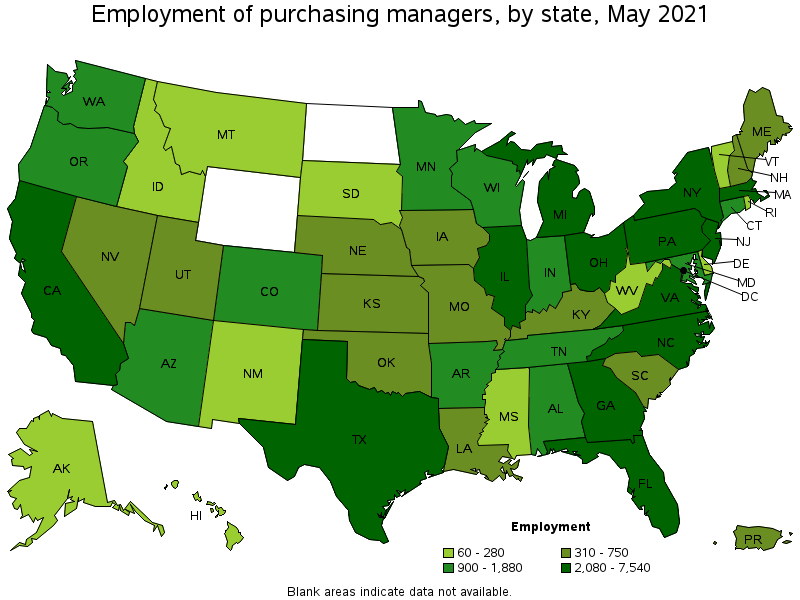 Map of employment of purchasing managers by state, May 2021