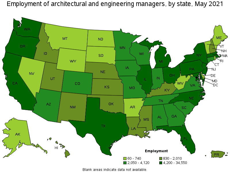 Map of employment of architectural and engineering managers by state, May 2021