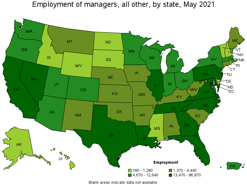 Map of employment of managers, all other by state, May 2021