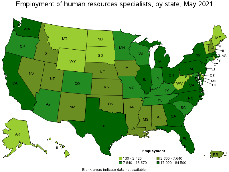 Map of employment of human resources specialists by state, May 2021