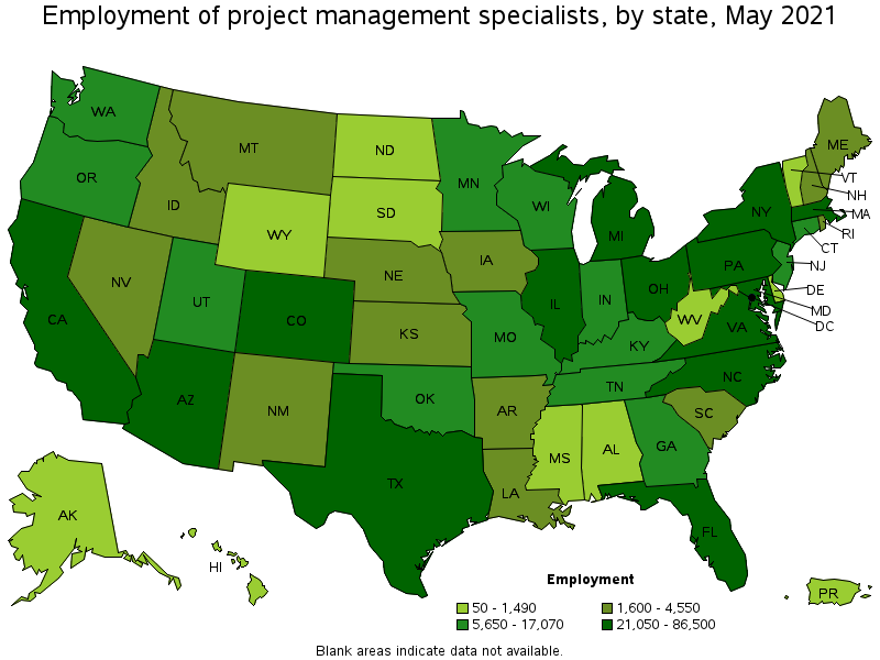 Map of employment of project management specialists by state, May 2021