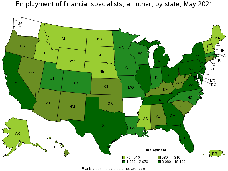 Map of employment of financial specialists, all other by state, May 2021