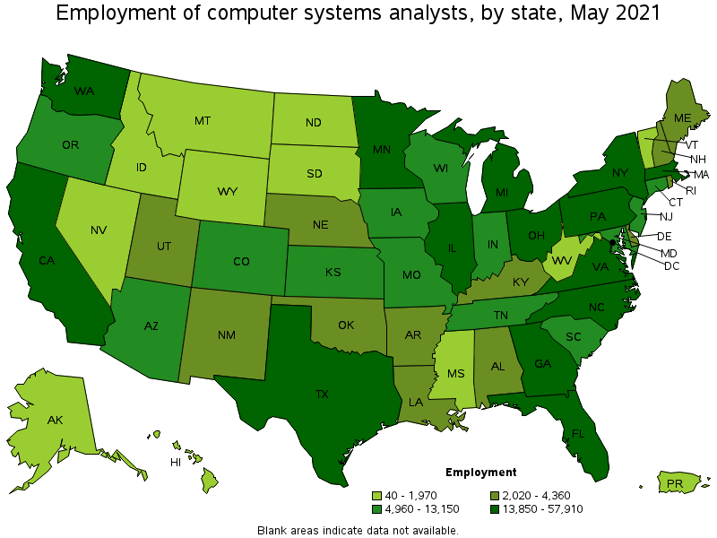Map of employment of computer systems analysts by state, May 2021