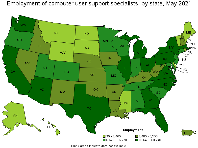 Map of employment of computer user support specialists by state, May 2021