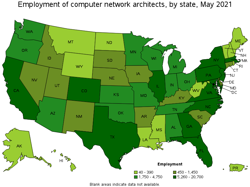 Map of employment of computer network architects by state, May 2021