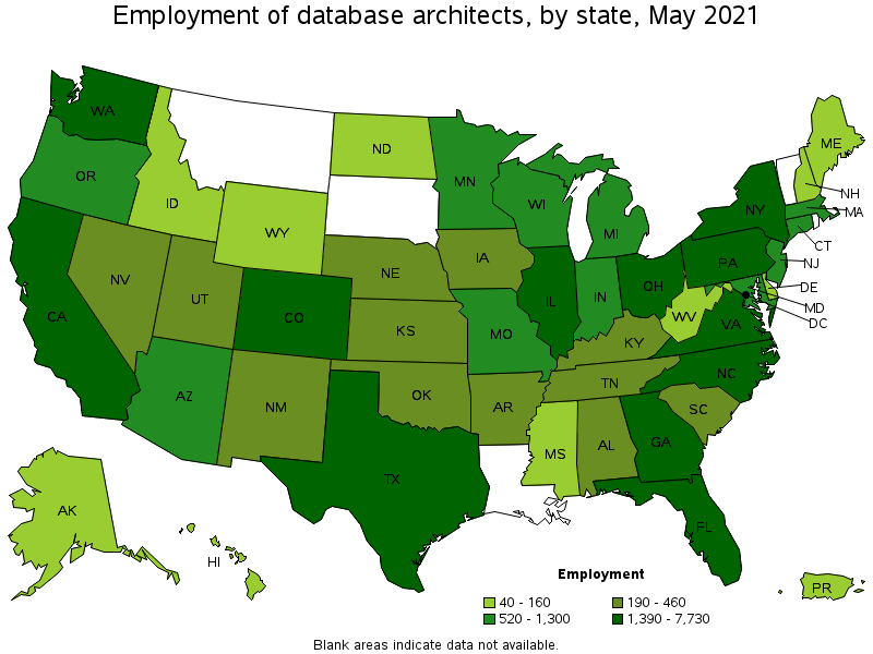 Map of employment of database architects by state, May 2021