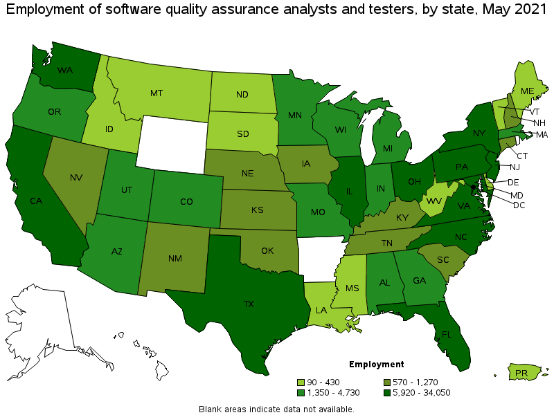 Map of employment of software quality assurance analysts and testers by state, May 2021