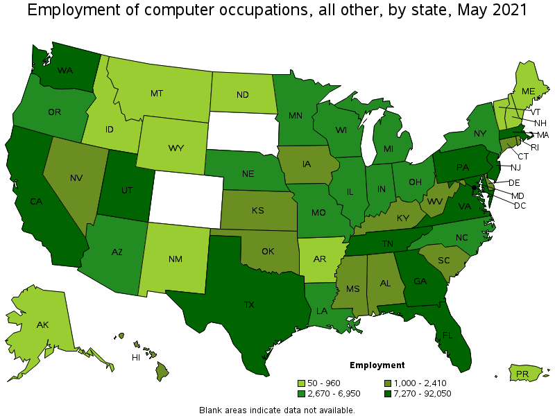 Map of employment of computer occupations, all other by state, May 2021