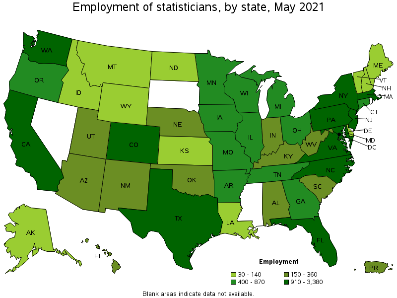 Map of employment of statisticians by state, May 2021