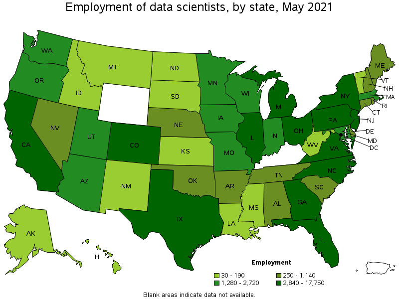 Map of employment of data scientists by state, May 2021