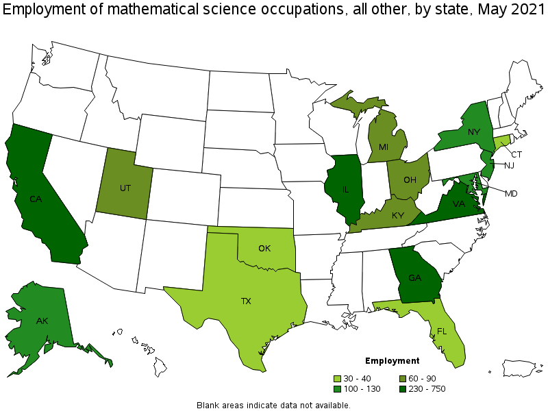 Map of employment of mathematical science occupations, all other by state, May 2021