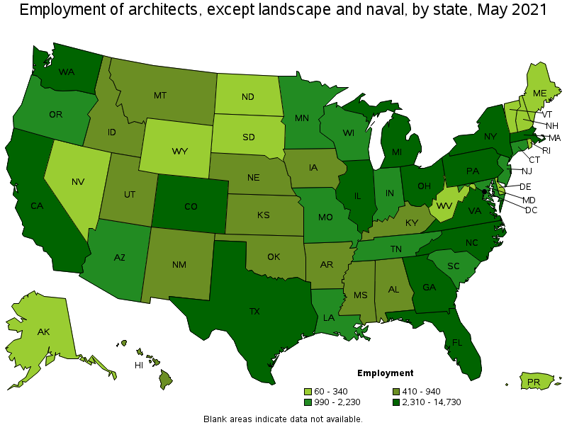 Map of employment of architects, except landscape and naval by state, May 2021