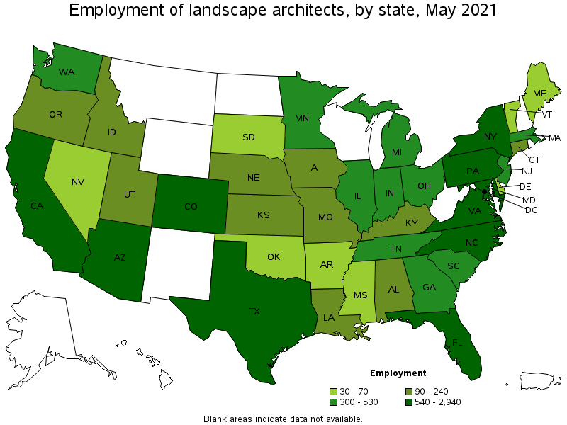 Map of employment of landscape architects by state, May 2021