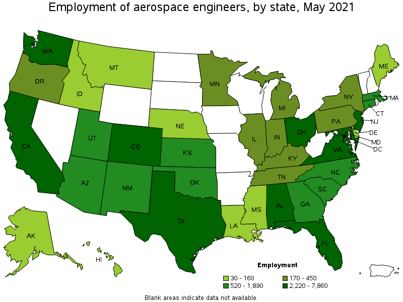 Map of employment of aerospace engineers by state, May 2021