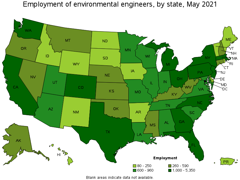 Map of employment of environmental engineers by state, May 2021