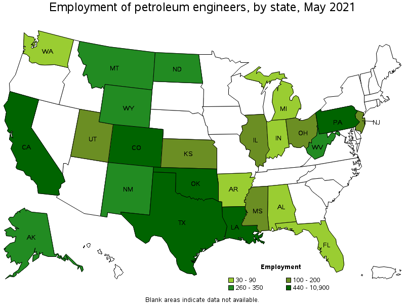 Map of employment of petroleum engineers by state, May 2021