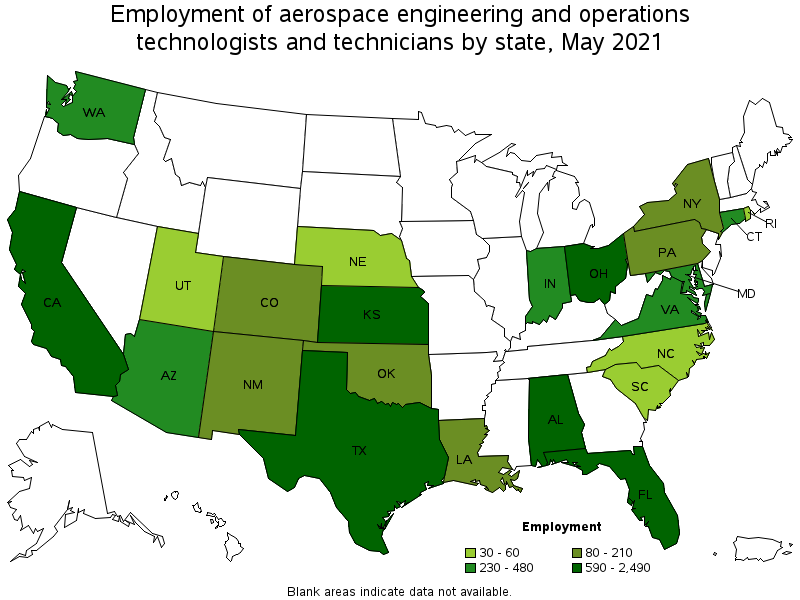 Map of employment of aerospace engineering and operations technologists and technicians by state, May 2021