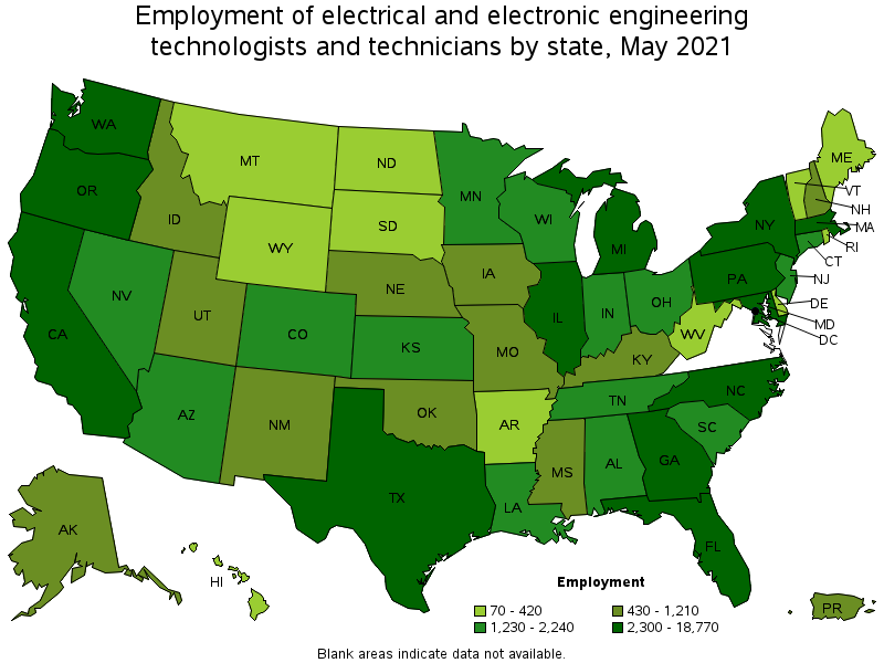 Map of employment of electrical and electronic engineering technologists and technicians by state, May 2021