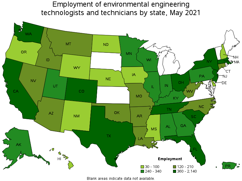 Map of employment of environmental engineering technologists and technicians by state, May 2021