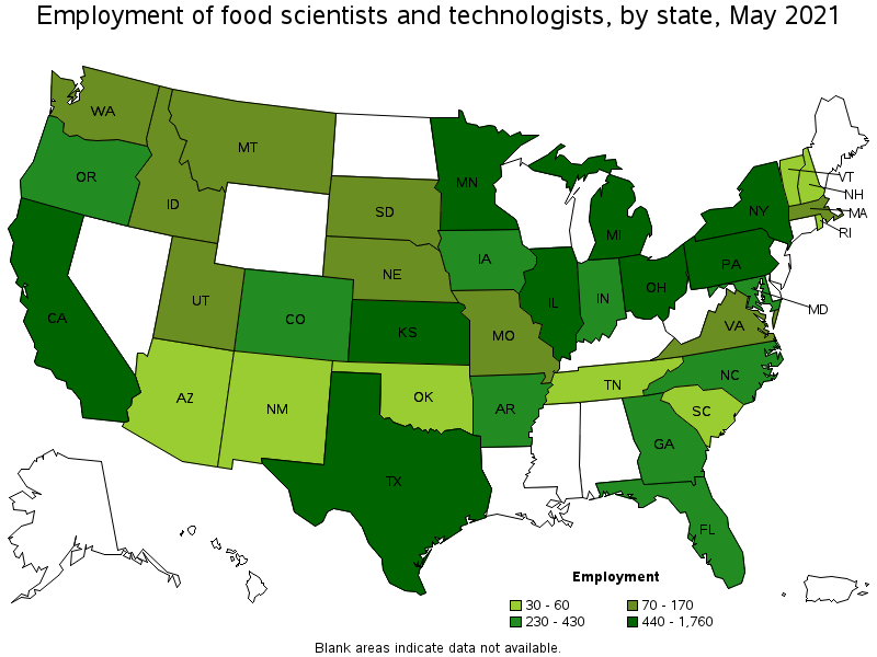 Map of employment of food scientists and technologists by state, May 2021