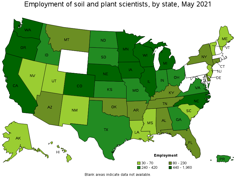 Map of employment of soil and plant scientists by state, May 2021