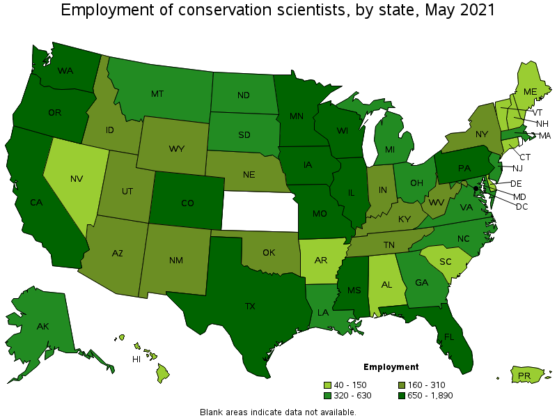 Map of employment of conservation scientists by state, May 2021