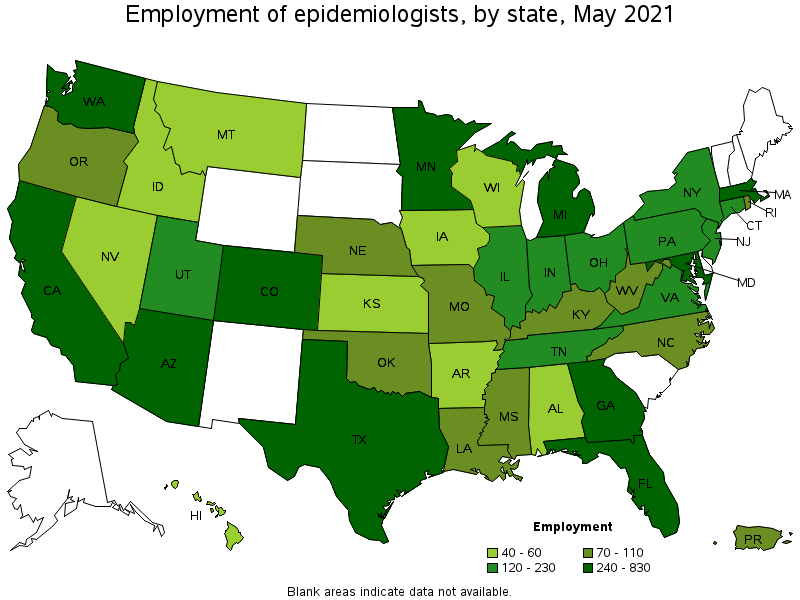 Map of employment of epidemiologists by state, May 2021