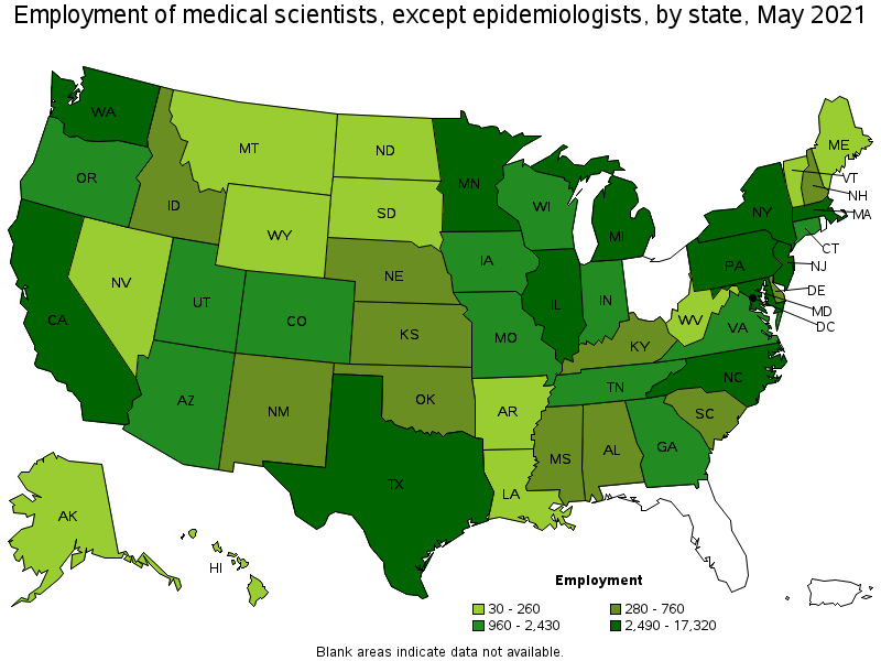 Map of employment of medical scientists, except epidemiologists by state, May 2021