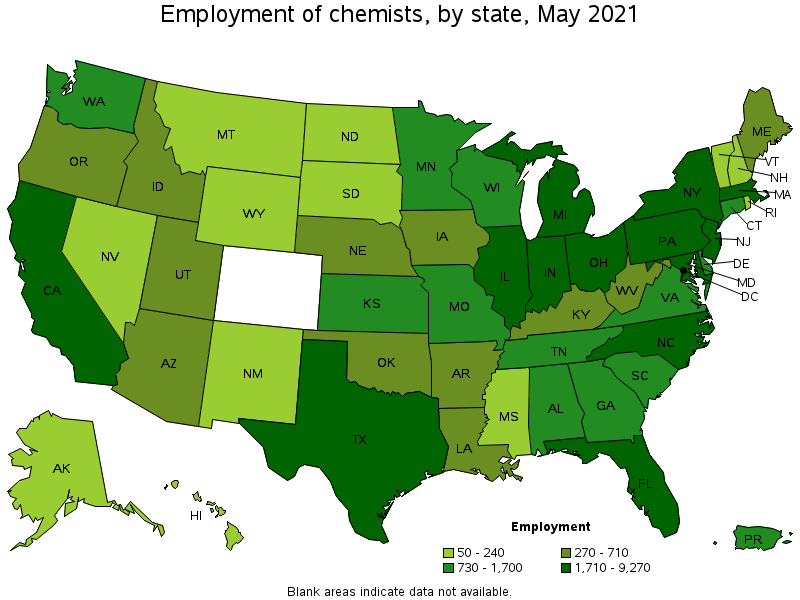 Map of employment of chemists by state, May 2021