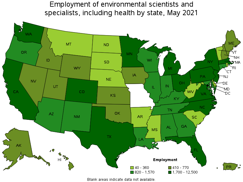 Map of employment of environmental scientists and specialists, including health by state, May 2021
