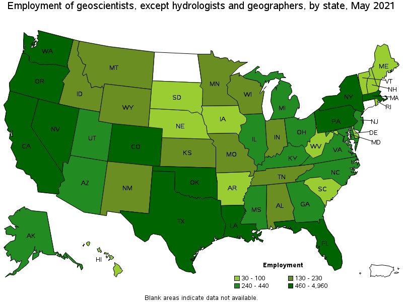 Map of employment of geoscientists, except hydrologists and geographers by state, May 2021